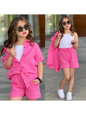 Rapapa Kız Çocuk Pembe Müslin 3 Parça Takım – Gömlek, Şort ve Atlet Yazlık Rahat Kombin 7002