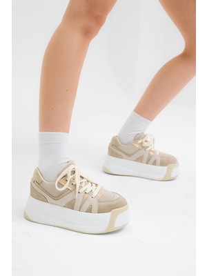 Tonny Black Kadın Bej Yüksek Taban Rahat Bağcıklı Sneaker