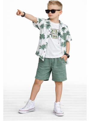 Bambam Erkek Çocuk 3 Parça Müslin Takım Palmiye Desenli Gömlek Baskılı Tişört Şort Kombin 11615Y
