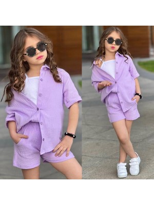 Rapapa Kız Çocuk Lila Müslin 3 Parça Takım – Gömlek, Şort ve Atlet Yazlık Rahat Kombin 7002