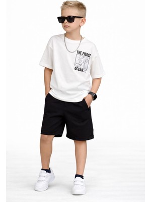Bambam Erkek Çocuk Beyaz Baskılı Tişört Siyah Şortlu Yazlık Takım – Rahat Kalıp Günlük Spor Kombin 116955