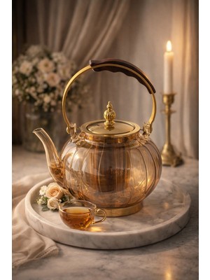 Morponi Ahşap Saplı Isıya Dayanıklı Borosilikat Amber Cam Demlik – 1200 ml Süzgeçli Cam Demlik Oval  Çizgili