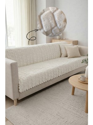 Sevim Kabartmalı Geometrik Desenli Koltuk Örtüsü - Kaydırmaz Taban - 180X215 cm - Ekru