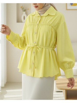 Modamorfo Robadan Büzgülü Beli Bağcıklı Gömlek -Sarı