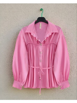 Modamorfo Robadan Büzgülü Beli Bağcıklı Gömlek -Pembe