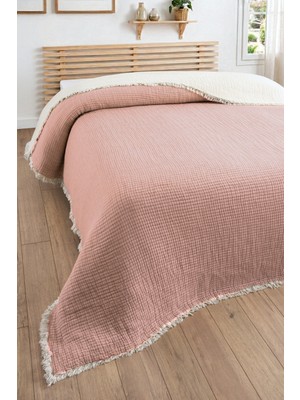 Sevim Tek Kişilik Müslin Yatak Örtüsü - 5 Katlı, Dolgulu, %100 Pamuk Müslin Yorgan - 160X220 Cm-Gül Kurusu