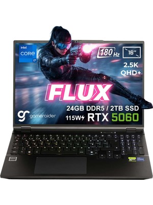 GameRaider FLUX GR16 Intel Core i7-14650HX GeForce RTX 5060 8GB 115W 24GB DDR5 2TB SSD 16 inç 2.5K QHD+ 180Hz FreeDos Gaming Laptop