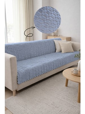 Sevim Kaymaz Tabanlı Kabartmalı Geometrik Desenli Koltuk Örtüsü - 180X215 cm - Mavi