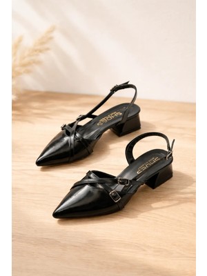Craftique Kadın Siyah Mary Jane Babet – Sivri Burunlu Kısa Topuklu Günlük Klasik Ayakkabı