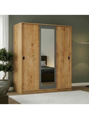 Misterium Vega Tam Boy Aynalı Sürgülü Gardırop Elbise Dolabı - Safir Meşe