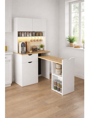 Setay Lectus Kahve Köşesi + Çok Amaçlı Dolap, Katlanabilir Mutfak Masası - Açık Ceviz