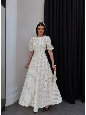 Esra Helvacı Balon Kol Puantiyeli Maxi Elbise