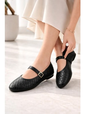 Bermody Botte Siyah Kadın Hafif Rahat Taban Şık Tokalı Günlük Ofis Babet Ayakkabı