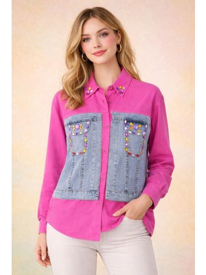 by Eylül Ertürk Kot Detaylı Taş Işlemeli Gömlek