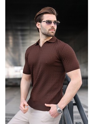 Madmext Kahverengi Slim Fit Polo Yaka Triko Erkek Tişört E7472