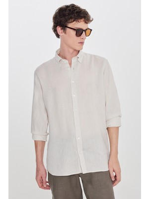 Altınyıldız Classics %100 Keten Comfort Fit Rahat Kesim Düğmeli Yaka Gömlek