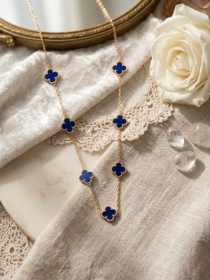 Meneva Aksesuar Lacivert Mineli 7’li Küçük Boy Yonca Altın Gold Renk Zincirli Paslanmaz Çelik Kolye