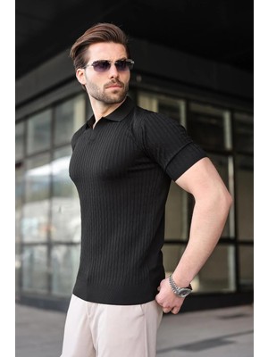 Madmext Siyah Slim Fit Polo Yaka Triko Erkek Tişört E7472