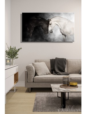 Şehber Kanvas Duvar Tablosu Yatay Tekli Salon Mutfak Yatak Odası Ofis At Temalı Siyah Beyaz