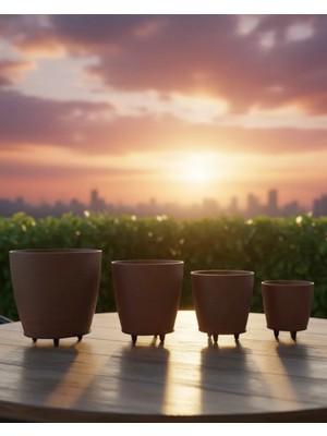 4’lü 3D Kahverengi Ayaklı Dekoratif Saksı Takımı Modern Tasarım Nemere