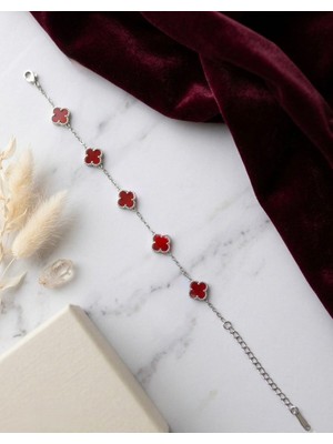 Meneva Aksesuar Kırmızı Mine 5’li Küçük Boy Yonca Gümüş Silver Renk Zincirli Paslanmaz Çelik Kolye
