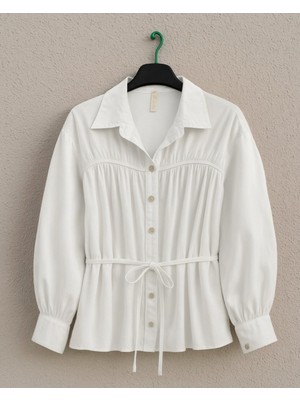 Modamorfo Robadan Büzgülü Beli Bağcıklı Gömlek -Beyaz