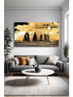 Şehber Yatay Tekli Kanvas Duvar Tablosu Modern Salon Mutfak Yatak Odası Ofis Gün Batımı Yelkenliler