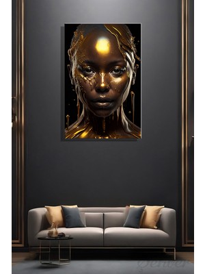 Şehber Modern Duvar Tablosu Dikey Kanvas Tekli Salon Mutfak Yatak Odası Ofis Gold Efekt Afrikalı Kadın
