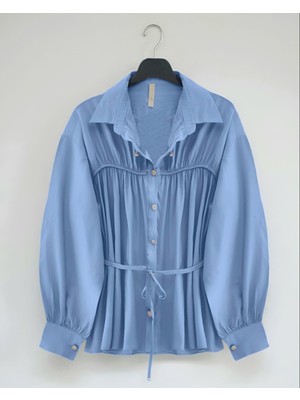 Modamorfo Robadan Büzgülü Beli Bağcıklı Gömlek -Bebe Mavi