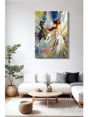 Şehber Dikey Kanvas Duvar Tablosu Tekli Salon Mutfak Yatak Odası Ofis Yağlı Boya Efekt Keman Çalan Kız