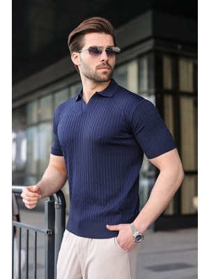 Madmext Lacivert Slim Fit Polo Yaka Triko Erkek Tişört E7472