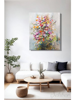 Şehber Modern Duvar Tablosu Dikey Kanvas Tekli Salon Mutfak Yatak Odası Ofis Suluboya Efekt Çiçekler