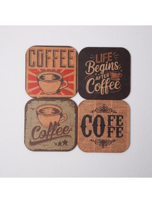 Hippodeco Vintage Kahve Temalı Mdf Bardak Altlığı 4’lü Set 9x9 cm Dekoratif Coffee Coaster