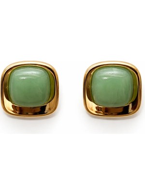 Angelovia Yeşil Kare Taşlı Gold Çelik Küpe