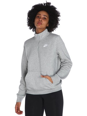 Nike Sportswear Club Fleece Half Zip Gray Hoodie Kadın Gri Dik Yaka Yarım Fermuarlı Sweatshirt Gri