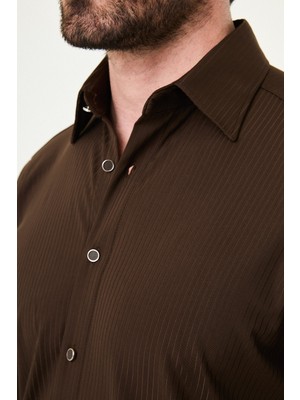 MCR Çizgili Slim Fit Metal Düğmeli Uzun Kollu Erkek Gömlek