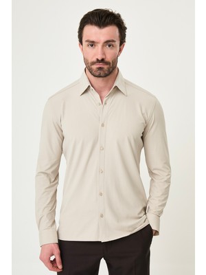 MCR Çizgili Slim Fit Metal Düğmeli Uzun Kollu Erkek Gömlek