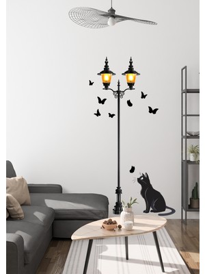Ettycat Design Vintage Sokak Lambası Kelebek ve Kedi Duvar Sticker | Mat Pvc, Sökülebilir, Dekoratif Duvar Süsü