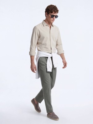 Kip Bej Çizgili Regular Fit Dokuma Casual Gömlek