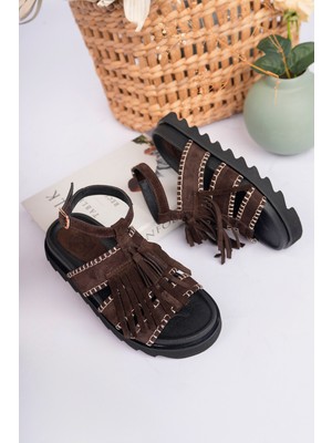 Sy Leather Rayn Model Hakiki Deri Püsküllü Içi Fuspetli Saraç Örgülü Bilekten Bağlama Kadın Sandalet