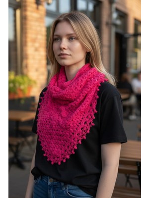 Tokuşka El Örgüsü Üçgen Örümcek Ağı Desenli Püsküllü Omuz Şalı