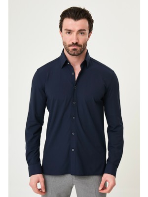 MCR Çizgili Slim Fit Metal Düğmeli Uzun Kollu Erkek Gömlek