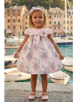 Pamina Kız Bebek Bandanalı Çiçekli Elbise Pudra 36197