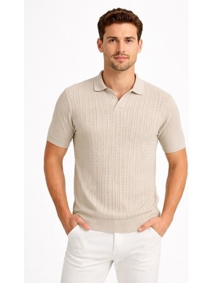 Cazador Erkek Polo Yaka Desenli Triko T-Shirt 34215 Taş