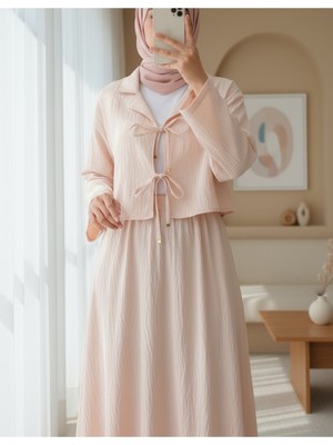 Modamorfo Kruvaze Yaka Çift Bağcıklı Etekli Takım -Bej