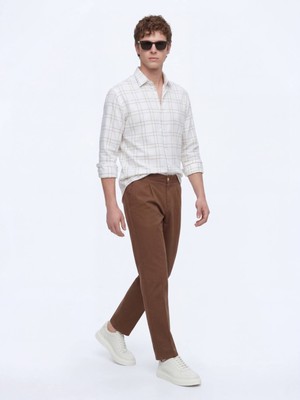 Kip Bej Kareli Regular Fit Dokuma Casual Gömlek