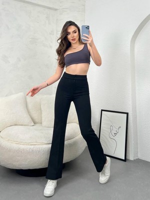Belirtilmemiş Kadın Yüksek Bel Ispanyol Paça Krep Kumaş Pantolon — Slim Fit Şık Pantolon