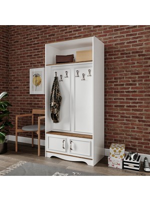 Kznmob Home Stella 4 Kapaklı 6 Askılı 5 Bölmeli Country Vestiyer, Portmanto Beyaz-Ceviz- Tamamı Mdf