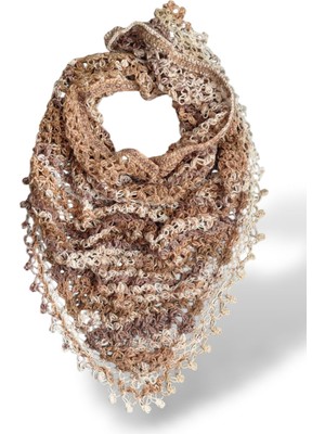 Tokuşka El Örgüsü Üçgen Örümcek Ağı Desenli Püsküllü Omuz Şalı