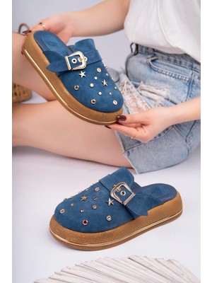 Sy Leather Aura Model Hakiki Deri Çakma Trop Detaylı Tokalı Kalın Taban Kadın Terlik